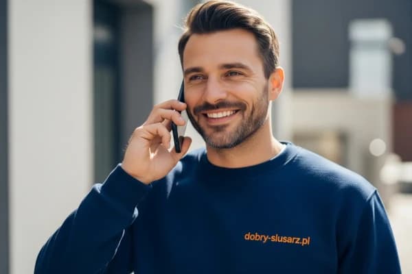 Ślusarz Dobry Ślusarz rozmawia przez telefon, profesjonalny serwis ślusarski 24/7