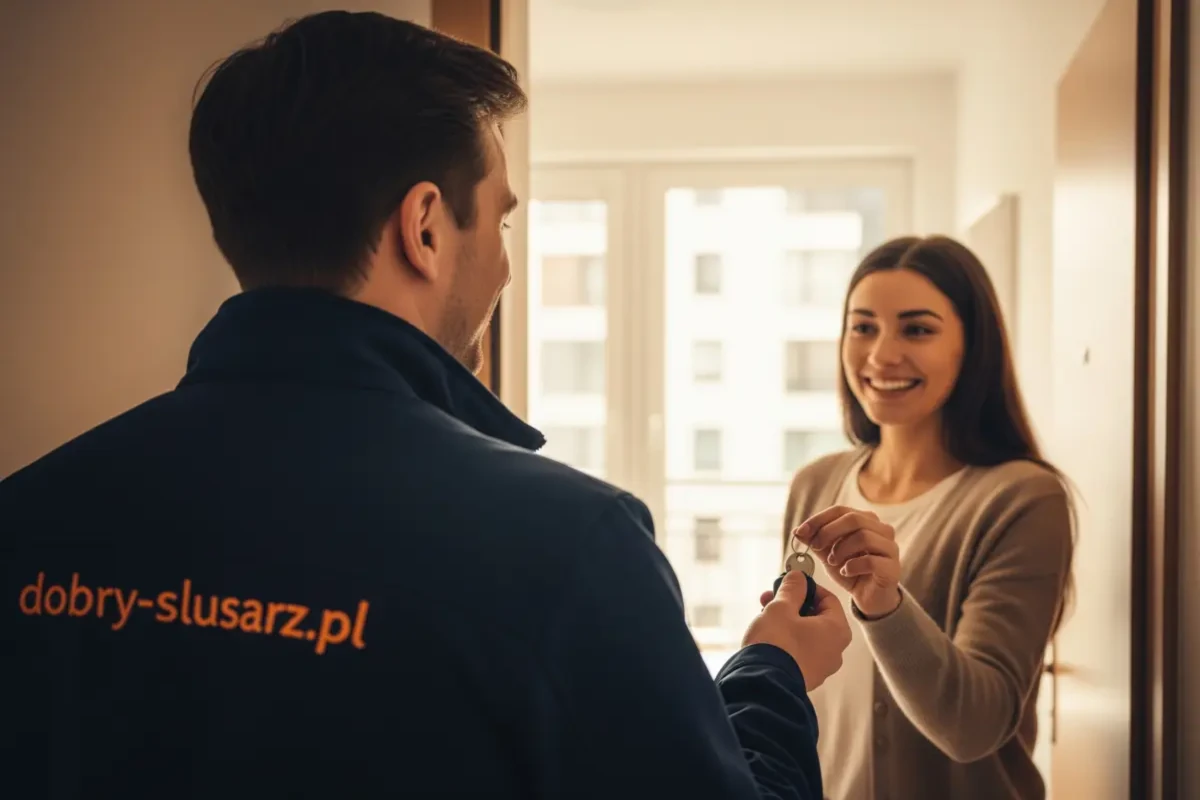 Ślusarz firmy Dobry Ślusarz przekazuje klucze zadowolonej klientce po otwarciu drzwi, Wejherowo, Trójmiasto